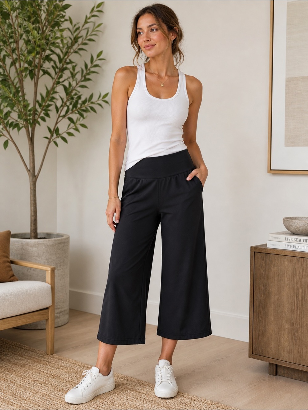 Athleta Wide Leg Cropped Pants Black High Rise Athleisure Yoga Lounge Size S